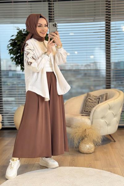 2648 Kolları Pul Ve Nakışlı Kimono Bej