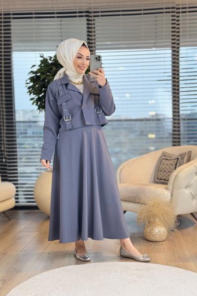 2654 Kuşgözü Kemer Detaylı Etekli Takım Antrasit