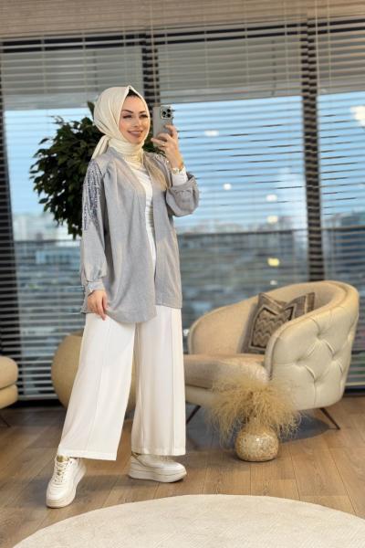 2656 Pul İşlemeli Kimono Gri