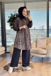 26611 Leopar Desenli Fermuarlı Kap Siyah Kahve