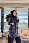 26611 Leopar Desenli Fermuarlı Kap Siyah Gri