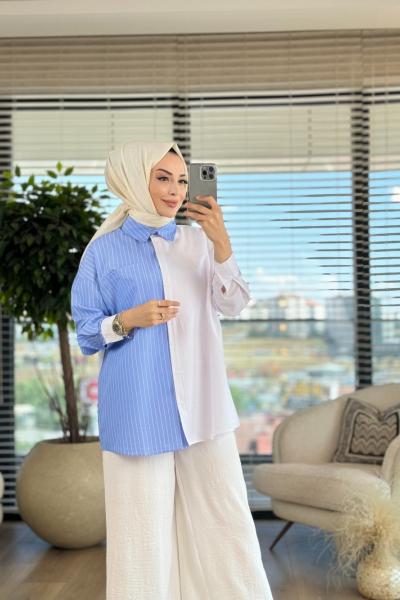 2676 Sol Taraf Çizgi Detaylı Gömlek Mavi