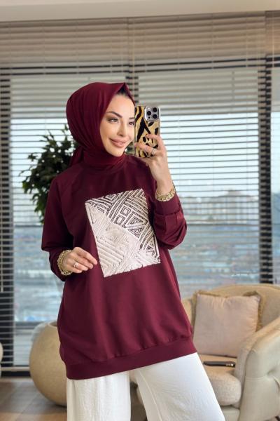 2683 Baskı Ve Nakış Detaylı SweatShirt Bordo