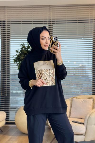 2695 Baskısı Pul Detaylı Sweatshırt Siyah