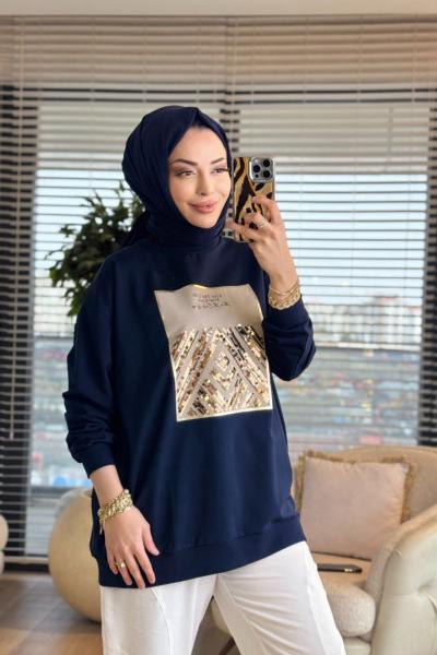2695 Baskısı Pul Detaylı Sweatshırt Lacivert