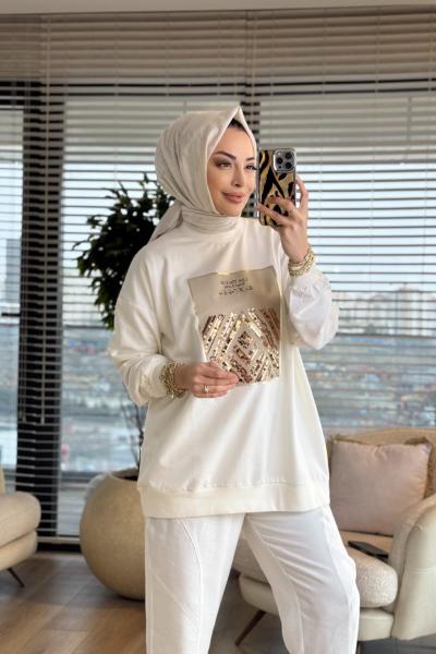 2695 Baskısı Pul Detaylı Sweatshırt Ekru
