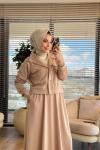 26YT604 Önü Gold Çıtçıtlı Etekli Takım Bej