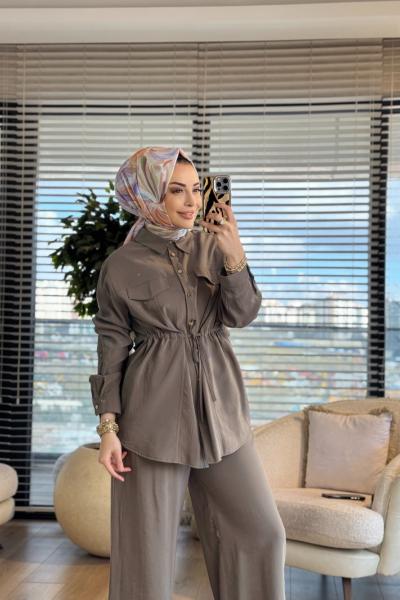 26YT619  Ön Cep Detaylı Beli Büzgülü Takım Haki