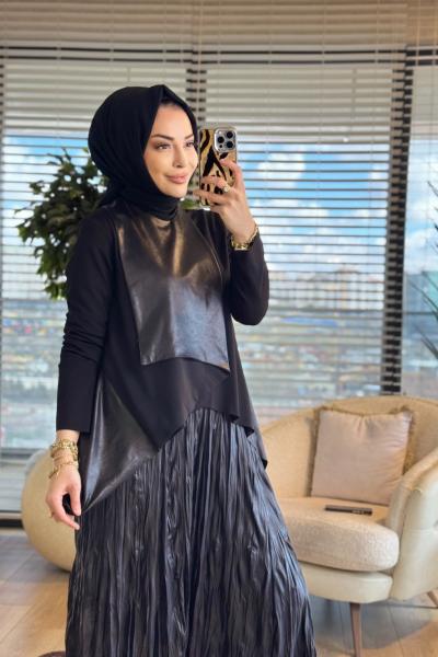 26YT682 Ön Deri Parça Kırışık Etekli Takım Siyah