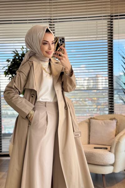 26YT706 Dört Düğme Kemerli Trenç Bej