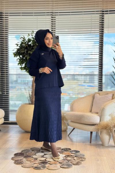 271 Mandal Desenli Triko Etekli Takım Lacivert