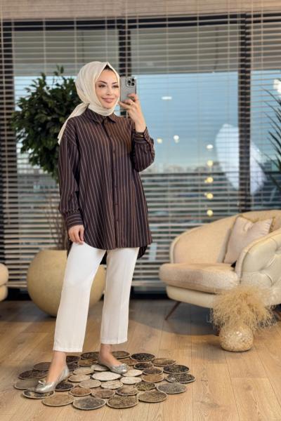 27268 Çizgili Basic Gömlek Kahve