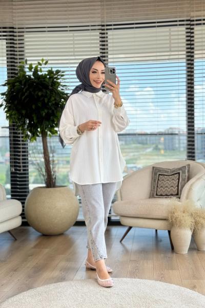 27268 Çizgili Basic Gömlek Ekru