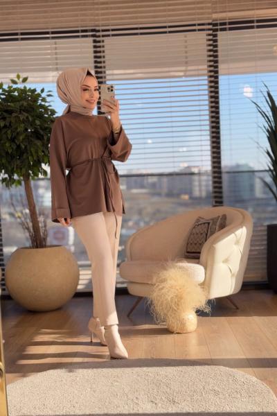 2755 Dikiş Detaylı Yırtmaçlı Sweatshirt Vizon
