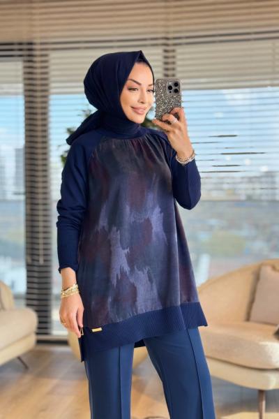 279 Ön Arka Batık Desen Triko Tunik Lacivert