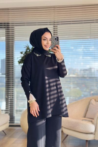 280 Kolu Dantelli Yaka Taşlı Triko Tunik Siyah