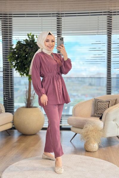 2800 Nervür Dikiş Detaylı Takım Gül