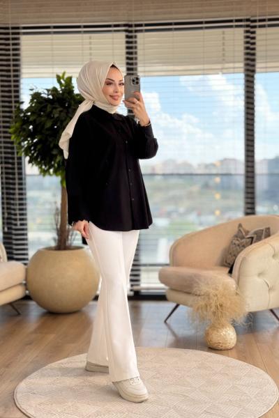 2806 Yaka Ve Manşeti Nakışlı Gömlek Siyah