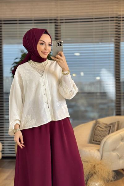 2813 Nakış Detaylı V Yaka Kimono Ekru