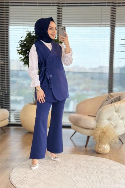 2841 Bağcık Detaylı Yelekli Takım Lacivert