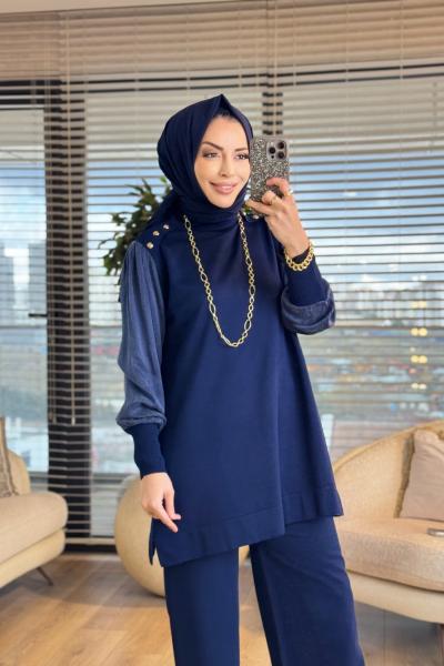 289 Omuzu Düğmeli Kupra Triko Tunik Lacivert