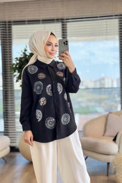 2914 Etnik Pul Ve Nakış İşlemeli Gömlek Siyah
