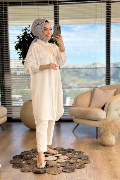 2958 Cep Detaylı Midi Boy Gömlek Ekru