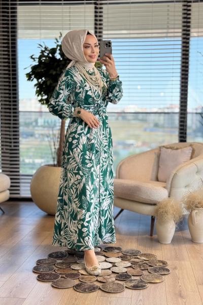 3002 Yaprak Desenli Önden Düğmeli Elbise Zümrüt