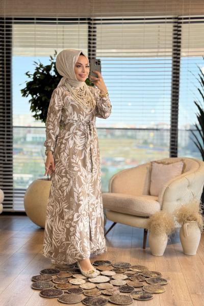3002 Yaprak Desenli Önden Düğmeli Elbise Vizon