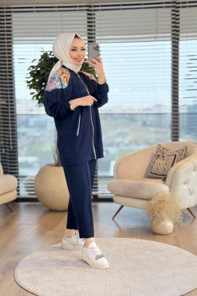 3030 Omuz Desen Ve Saçak Detaylı Takım Lacivert