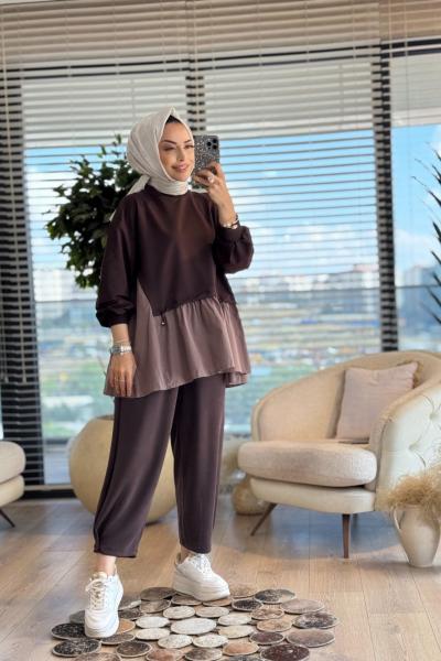 3091 Büzgü Detaylı Garnili Tunik Kahve