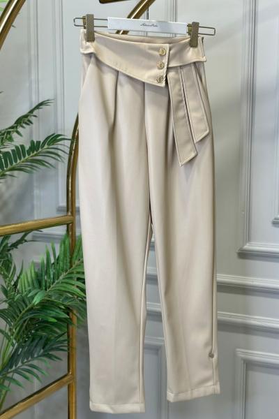 31206 Kemer Detaylı Deri Pantolon Bej