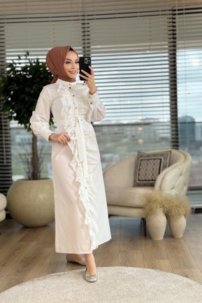 313 Koton Patı Fırfırlı Çıtçıtlı Elbise Beyaz