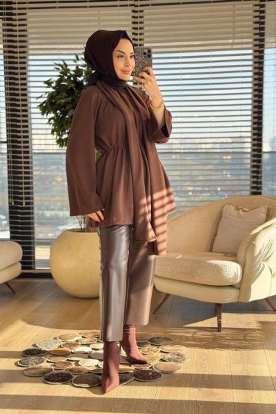 3158 Atkı Detaylı Beli Büzgülü Tunik Kahve