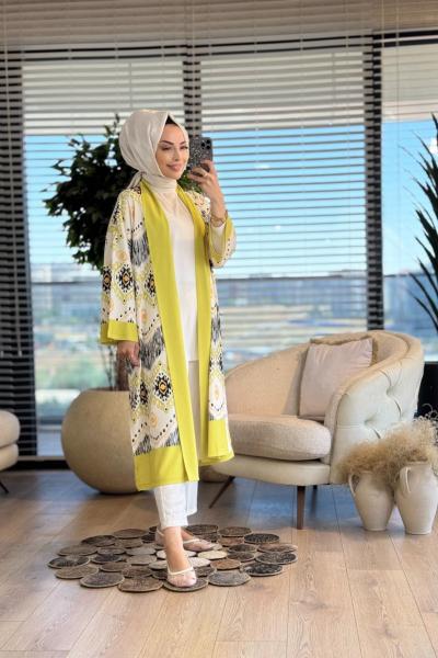 31589 Etnik Desen Baskılı Hırka Yağ Yeşili