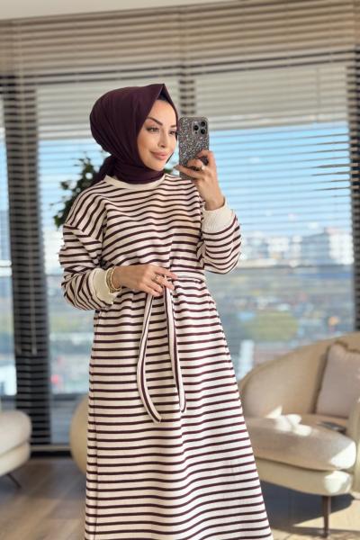 3177 Çizgili Üç İplik Elbise Bordo