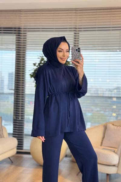 3179 Dikiş Ve Yırtmaç Detaylı Takım Koyu Lacivert