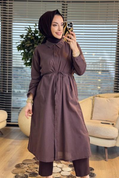 3204 Yırtmaçlı Midi Boy Gömlek Kahve