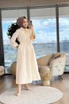 32243 Bel Büzgülü Patı Düğmeli Elbise Açık Bej