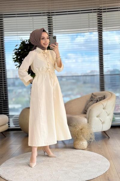 32243 Bel Büzgülü Patı Düğmeli Elbise Açık Bej