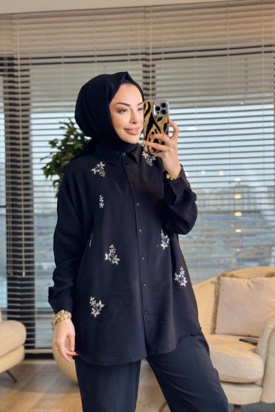 3228 Kristal Taş Detaylı Gömlek Siyah