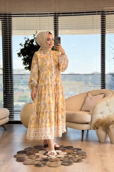 32363 Tüy Desenli V Yaka Elbise Sarı