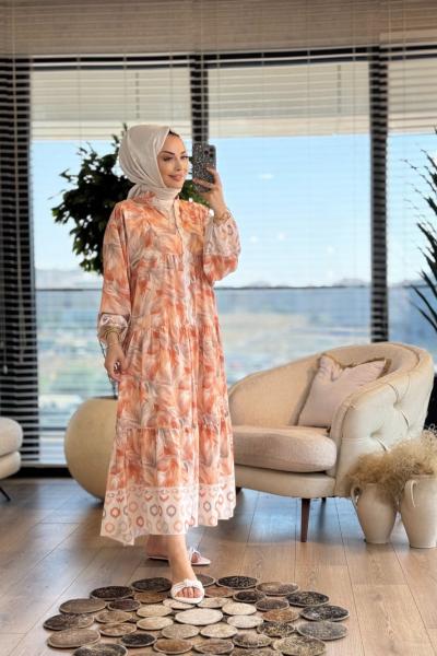 32363 Tüy Desenli V Yaka Elbise Oranj