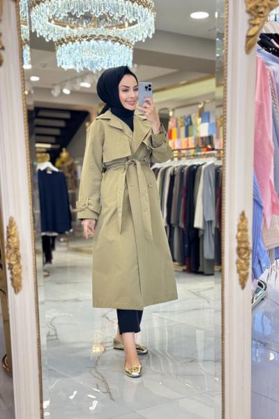 32390 Kolları Apolet Detaylı Trenç Haki