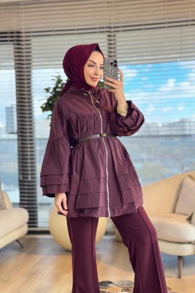 32395 Robası Dikişli Ön Fermuarlı Mont Bordo