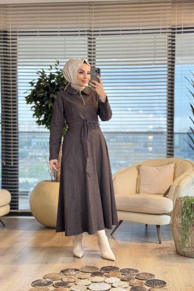 32396 Kot Patı Fermuarlı Dikişli Elbise Kahve