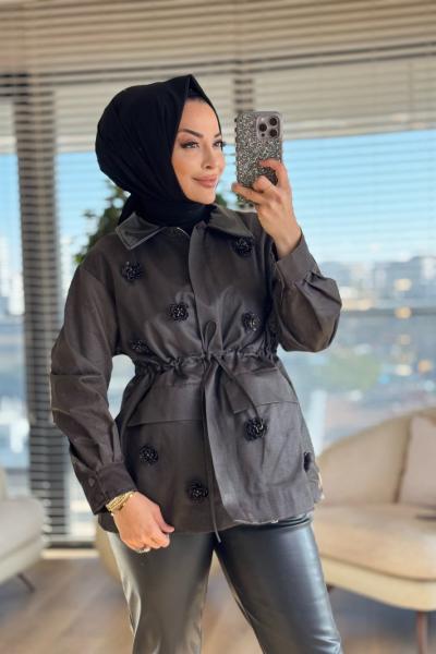 32446 Beli Büzgülü Önü Çiçek Figürlü Ceket Kahve