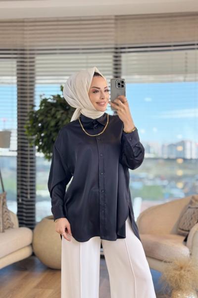 32492 Saten Basic Gömlek Siyah