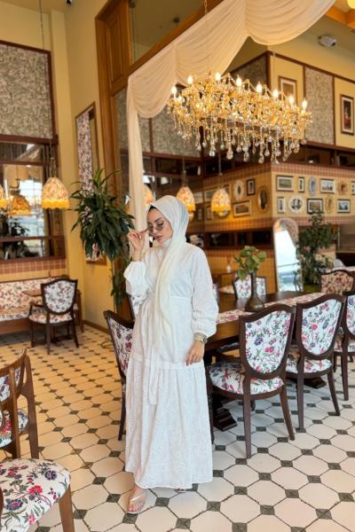 3262Y25 Elit Brode Elbise Ekru