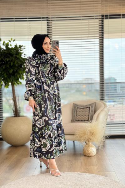 32759 Yaka Güllü Şal Desenli Elbise Siyah